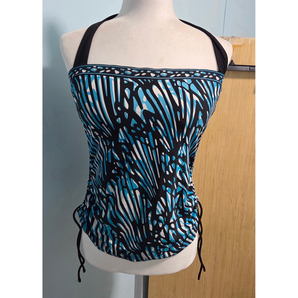 Dana Buchman Womens Halter Tankini Top Blue Black Abstract Wing Print Size 12